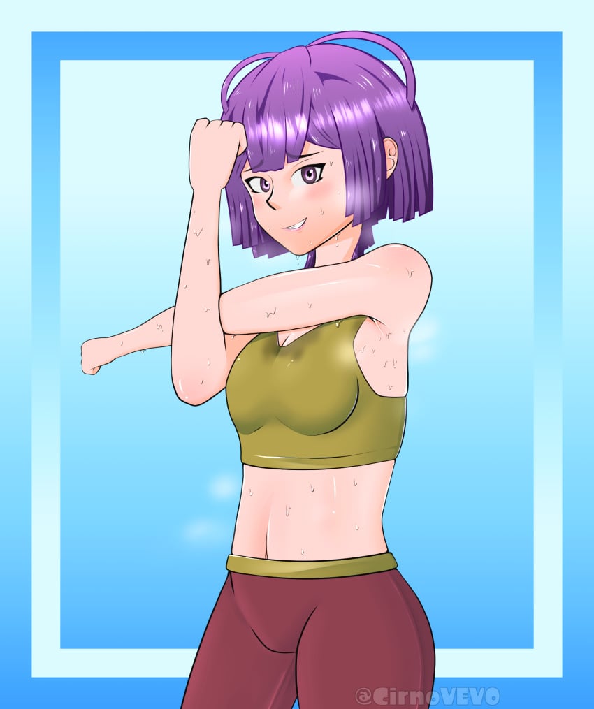 1girls bernadetta_von_varley breasts cirno_vevo cleavage fire_emblem fire_emblem:_three_houses grin heavy_breathing looking_at_viewer nervous nervous_smile nintendo post-timeskip purple_eyes purple_hair short_hair small_breasts smile solo sports_bra sweat sweat_stain sweating_profusely tank_top workout yoga_pants