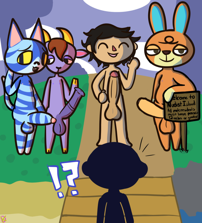 2021 animal_crossing balls big_penis claude_(animal_crossing) embarrassed huge_cock kidd_(animal_crossing) klutzatdusk males_only moe_(animal_crossing) naked nintendo non-human penis shy small_but_hung toony villager_(animal_crossing) waving