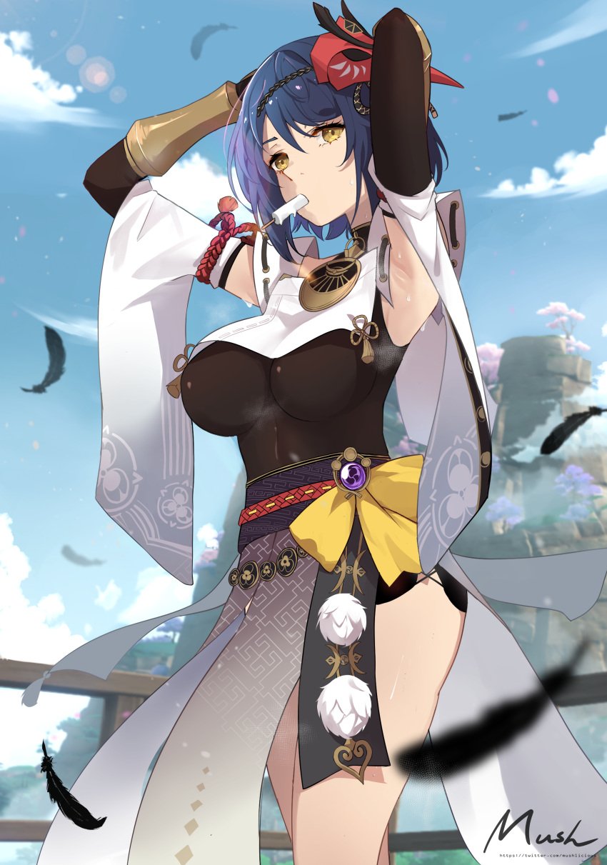 big_breasts black_elbow_gloves black_gloves black_long_gloves blue_hair blush breasts elbow_gloves genshin_impact gloves japanese_clothes kujou_sara long_gloves mask mush popsicle yellow_eyes