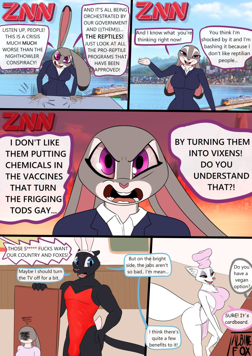 absurd_res albinefox alex_jones angry anthro apron apron_only ass big_breasts big_butt bloodshot_eyes breasts bulge bunny_costume bunny_ears_(cosmetic) canid canine clothed clothing comic costume crossdressing disney english_text fan_character felid female fox group hi_res humor judy_hopps lagomorph large_ass large_breasts leporid male mammal marshmallow_(albinefox) meme mostly_nude muscular muscular_male naked_apron news nude pantherine parody politics profanity rabbit racism side_boob text zootopia