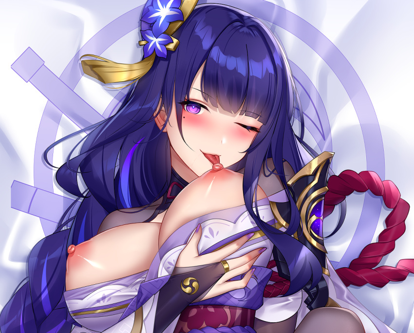 1girl 1girls blush braid breast_sucking breasts breasts_out bridal_gauntlets dakimakura_(medium) female flower genshin_impact hair_flower hair_ornament hand_on_own_chest japanese_clothes kimono large_breasts licking licking_breast licking_nipple looking_at_viewer mihoyo mitsudomoe_(shape) mole mole_under_eye nail_polish nipple_licking nipples one_eye_closed purple_eyes purple_flower purple_hair purple_kimono purple_nails raiden_shogun self_breast_sucking smile solo tagme teasing tomoe_(symbol) tongue tongue_out upper_body wink wu_ganlan_cai