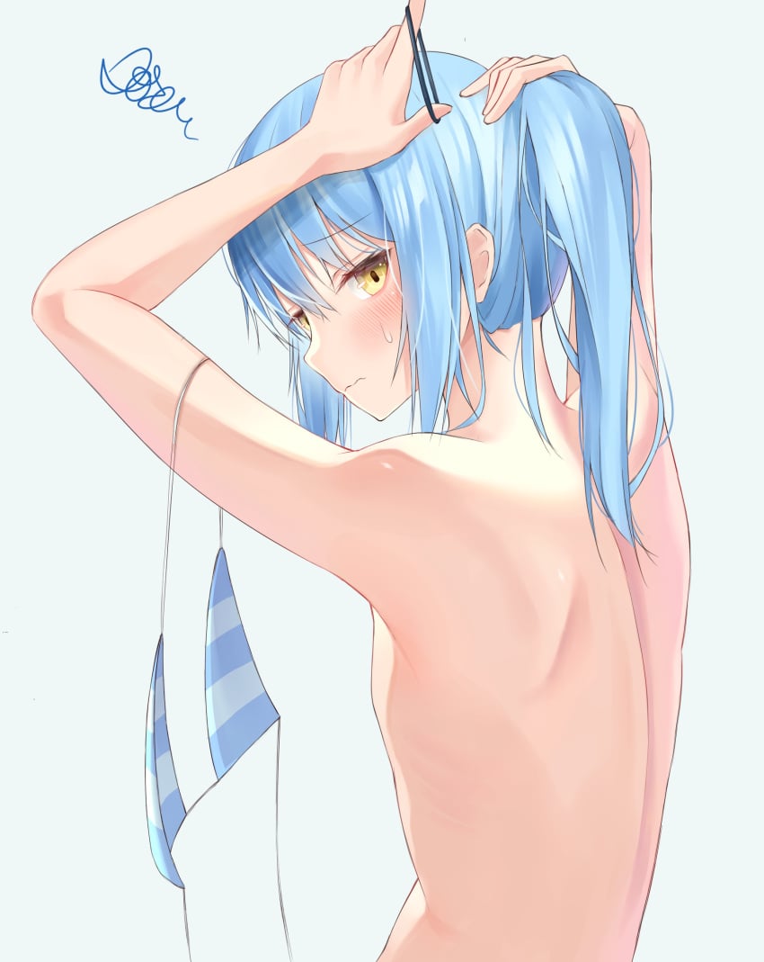 1other adult akgrn ambiguous_sex androgynous bikini_top_removed blue_hair blush embarrassed flat_chest rimuru_tempest sexless tensei_shitara_slime_datta_ken true_flat_chest yellow_eyes