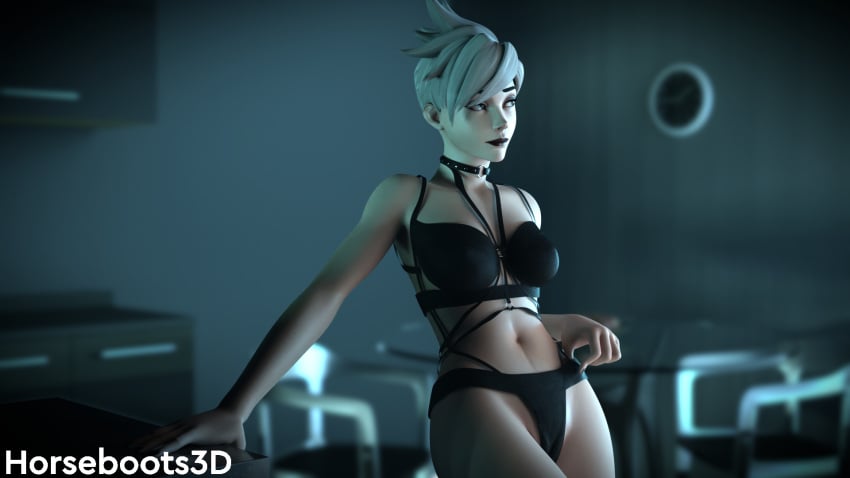 3d blender_(software) goth horseboots3d lingerie overwatch pale-skinned_female tracer ultraviolet_tracer white_hair