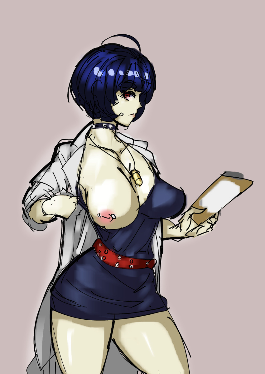 1girls atlus bathsalts1 blue_hair breasts breasts_out choker clipboard nipple_piercing pencil_skirt persona persona_5 pierced_nipples piercing piercings short_hair solo tae_takemi