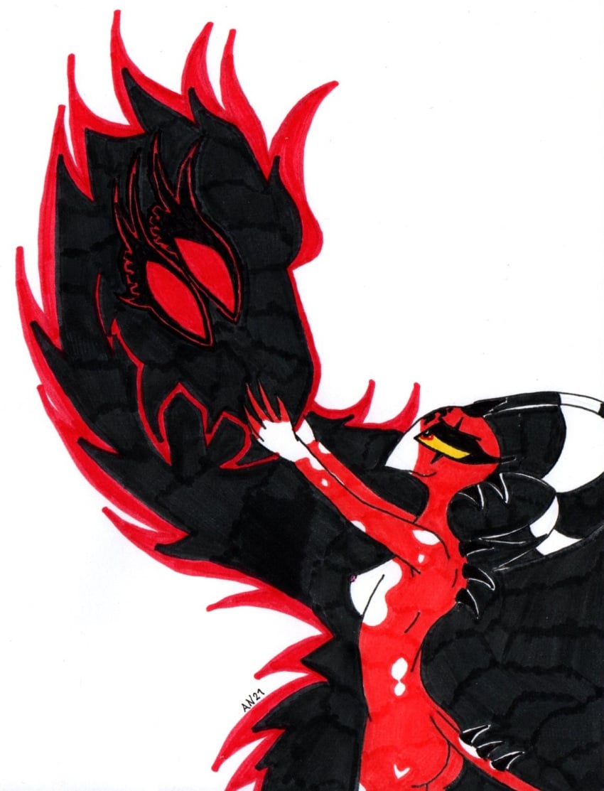 2girls ass avian beak bird black_fur blitzo_(helluva_boss) breasts demon duo female female/female female_blitzo female_only female_stolas feral fur genderswap genderswap_(mtf) helluva_boss horns humanoid interspecies mtf_crossgender multi_eye multiple_girls nipples owl owl_demon red_body red_eyes red_fur rule_63 simple_background skeleslay smile stolas_(helluva_boss) tail traditional_media_(artwork) two_tone_fur white_body yuri