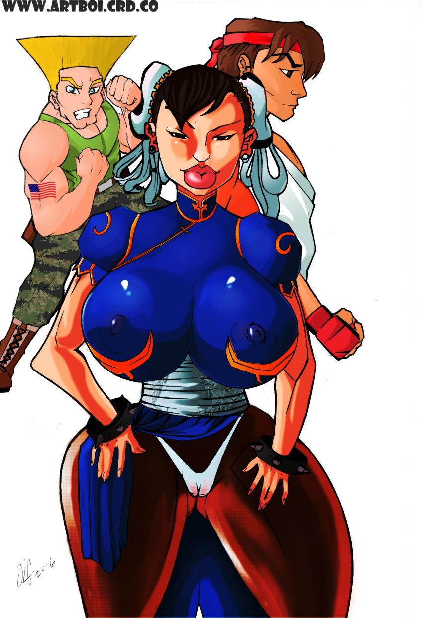 big_breasts big_nipples chun-li guile ryu_(street_fighter) street_fighter