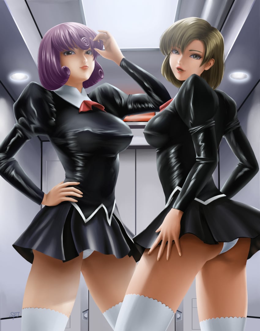 1girls 2girls agent_aika artist_name artist_signature ascot ass ass_cheeks bangs black_delmo black_delmo_leader black_dress black_jacket black_skirt bob_cut breasts brown_eyes brown_hair butt covered_erect_nipples crotch_seam curvy delmo delmogeny_uniform duo elevator erect_nipples_under_clothes female gluteal_fold hand_up hi_res high_resolution highres human indoors jacket juliet_sleeves large_breasts lips lipstick long_sleeves looking_at_viewer makeup mascara matching_underwear medium_breasts microdress minidress multiple_girls pale-skinned_female pale_skin panties pantyshot pantyshot_(standing) pleated_skirt puffy_sleeves purple_hair red_neckwear short_hair skirt spj_(artist) standing thick_thighs thighhighs thighs tight_clothes tight_clothing underwear uniform villainess white_legwear white_panties white_underwear wide_hips