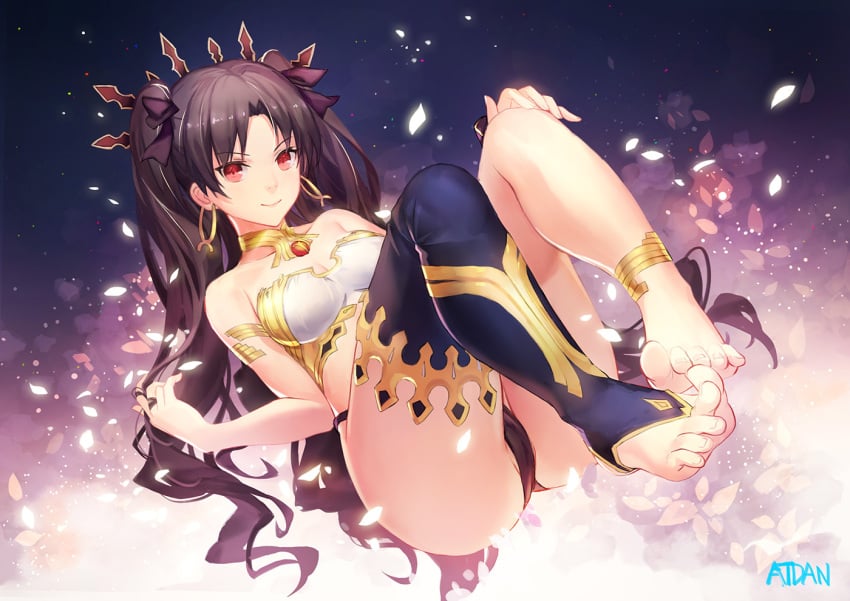 anklet armlet arms ass asymmetrical_legwear atdan bare_arms bare_legs bare_shoulders barefoot black_hair black_panties black_ribbon black_underwear blue_legwear breasts cameltoe cleavage clothing crown earrings fate/grand_order fate_(series) feet feet_towards_viewer female full_body gem hair_ornament hair_ribbon headwear hoop_earrings ishtar_(fate) jewelry knees_up legs legs_up legwear long_hair long_legs looking_at_viewer lying medium_breasts midriff naughty_face navel neck neck_ring no_shoes on_back pantsu partially_visible_vulva petals pov_feet red_eyes revealing_clothes revision ribbon single_thighhigh smile soles solo strapless thighhighs thighlet toeless_legwear toeless_socks toes tohsaka_rin two_side_up underwear very_long_hair