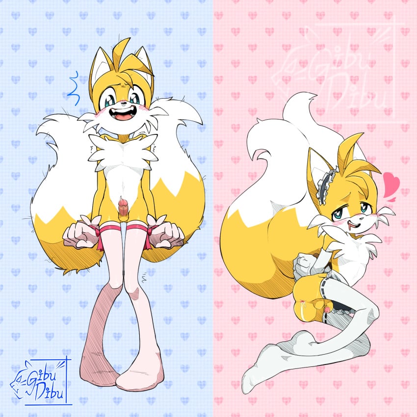 5_fingers anthro anus ass big_tail blush canid canine cum cum_in_ass femboy feminine_tails fox gibudibu girly gloves looking_down male male_only mammal open_mouth open_smile penis smile solo sonic_(series) standing stockings tails teeth white_body white_fur yellow_body yellow_fur