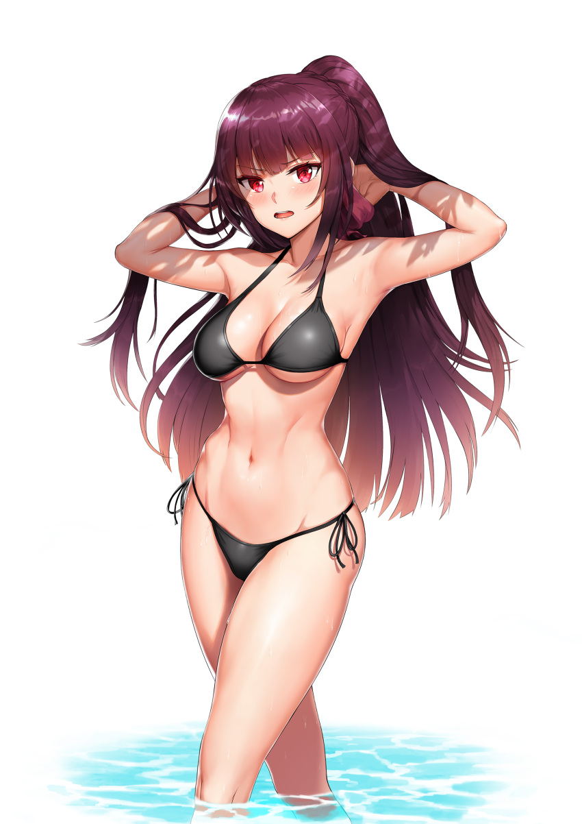 1girls alternative_hairstyle armpits arms_up bangs belly bikini black_bikini black_swimsuit blunt_bangs blush braid breasts clavicle cleavage eyebrows_visible_through_hair female female_only girls'_frontline greem_bang hair_ornament hair_ribbon hands_in_hair high_ponytail high_resolution highleg highleg_bikini highleg_swimsuit large_breasts long_hair looking_at_viewer navel open_mouth partially_submerged ponytail purple_hair purple_ribbon red_eyes ribbon side-tie_bikini sidelocks simple_background solo stomach string_bikini swimsuit tied_hair toned triangle_bikini v-shaped_eyebrows very_high_resolution very_long_hair wa2000_(girls'_frontline) wading water wet white_background