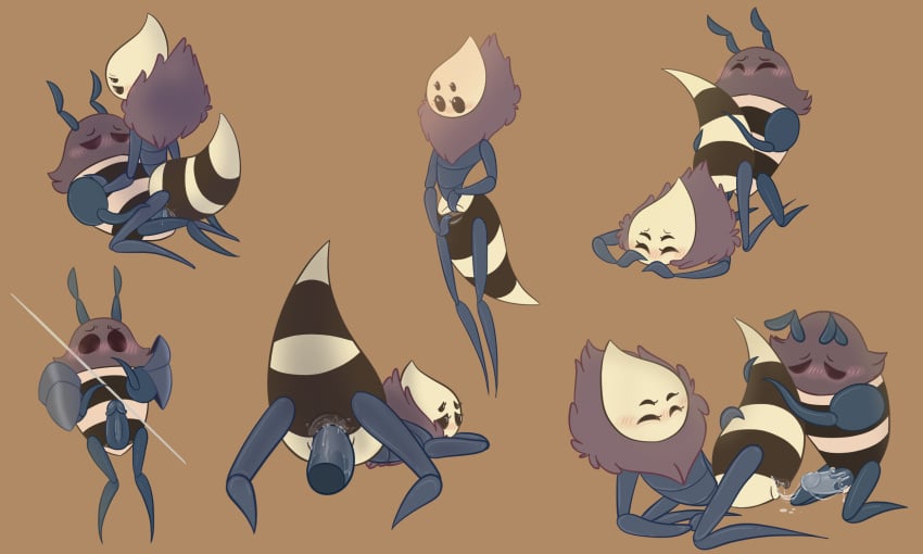 1boy 1girls 4_eyes alanrikon antennae anthro anthrofied bee black_body black_stripes blush cum cum_in_pussy cum_inside duo erection female front_view full_body hi_res hive_knight_(hollow_knight) hollow_knight insect insects looking_at_another looking_back looking_pleasured male neck_tuft on_floor on_knees penis presenting pussy queen_vespa rear_view sex simple_background standing straight surprised vaginal_penetration yellow_stripes