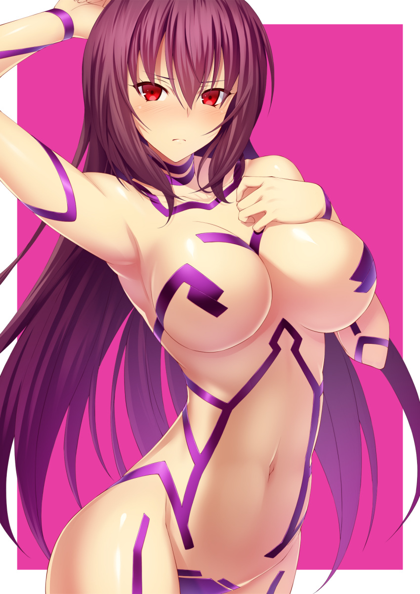 arm_up armpits black_tape_project blush breasts cleavage closed_mouth collarbone emanon123 embarrassed eyebrows_visible_through_hair eyes_visible_through_hair fate/grand_order fate_(series) female female_focus frown hair_between_eyes hand_on_own_chest hand_up highres large_breasts long_hair looking_at_viewer naked_tape navel nude purple_background purple_hair red_eyes scathach_(fate) scathach_(fate)_(all) shy standing tape type-moon