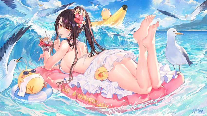 16:9_aspect_ratio animal anniversary atdan azur_lane back backless_outfit banana_boat bare_shoulders barefoot bird breasts brown_hair chick cloud day dress feet female female flower hair_flower hair_ornament halter_dress hiei_(azur_lane) hiei_(beauty_of_the_white_sands)_(azur_lane) holding inflatable_raft innertube large_breasts legs_up long_hair looking_at_viewer looking_back lying manjuu_(azur_lane) ocean on_stomach open-back_dress outdoors parfait ponytail revision seagull short_dress signature sky sleeveless sleeveless_dress solo spaghetti_strap sunglasses the_pose thighs tied_hair towel water waves white_dress yellow_eyes