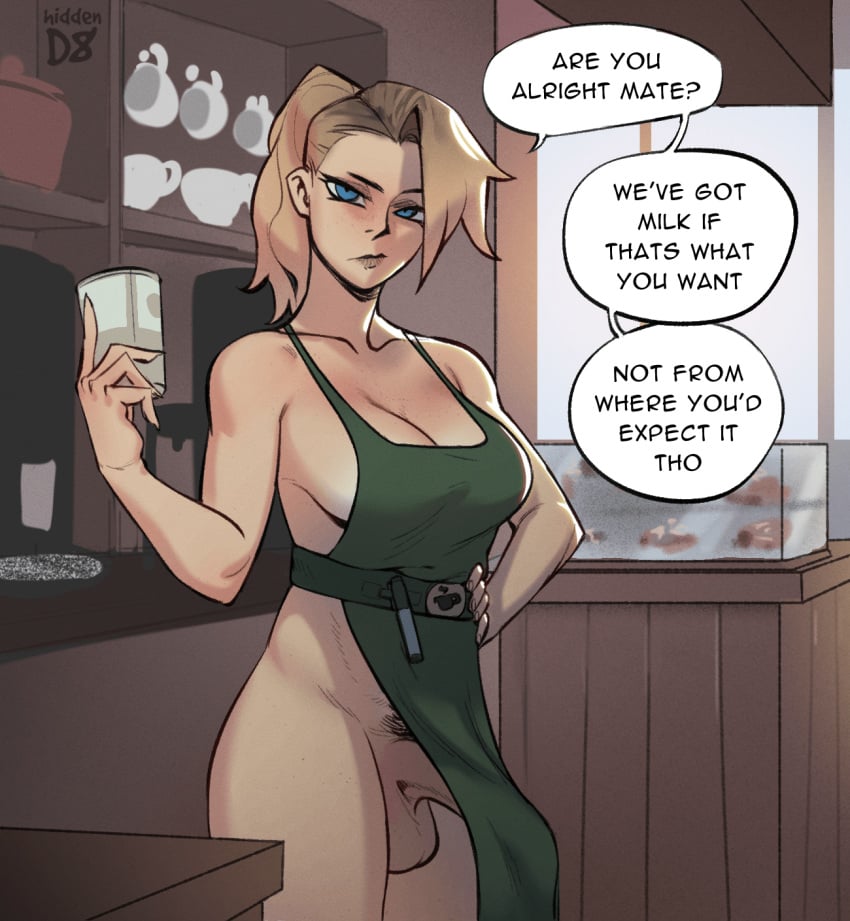 1futa apron apron_only balls balls_under_clothes barista blonde_hair blue_eyes breasts bulge casual clothed clothing dialogue english_text erection_under_clothes fast_food futa_only futanari half-erect hiddend8 human iced_latte_with_breast_milk iced_latte_with_dick_milk intersex large_breasts large_penis light-skinned_futanari light_skin meme mostly_nude naked nude nudist outerwear pale_skin penis penis_bulge penis_under_clothes public solo speech_bubble standing tenting text uniform wide_hips