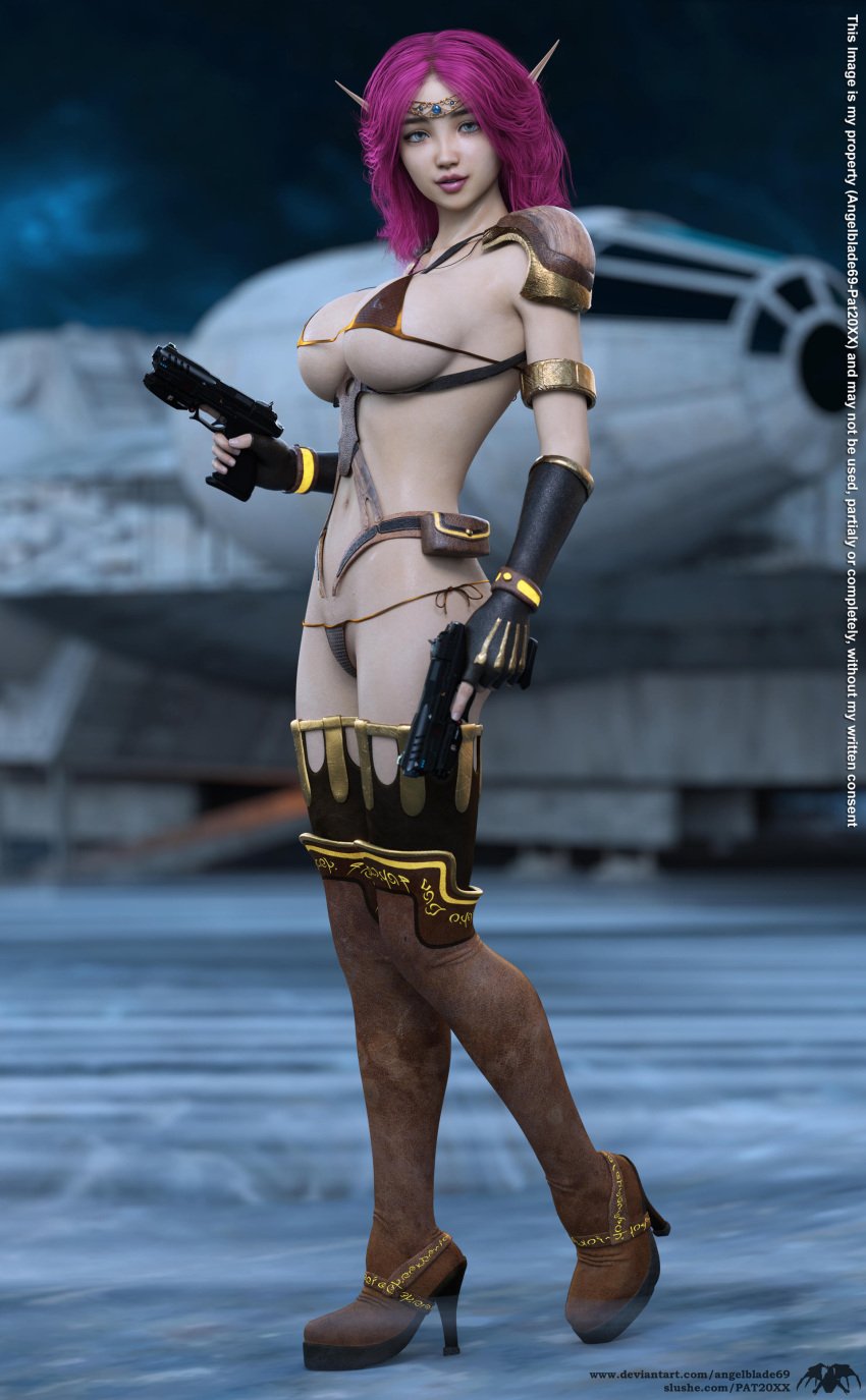 1girls 3d angelblade69 athletic_female boots brown_boots circlet dual_wielding elf elf_ears elf_female green_eyes guns high_heel_boots large_breasts magenta_hair original_character pointy_ears revealing_clothes shoulder_armor star_wars thigh_boots