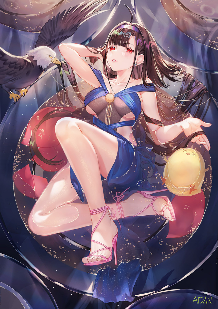 1girls ahoge anthropomorphization artist_name atdan azur_lane bare_legs bare_shoulders bird black_hair blue_dress breasts chick clavicle clothes_pull dress eagle eagle_union_(azur_lane) earrings feet female hair_ornament hairband high_heels high_resolution independence_(azur_lane) independence_(the_independent_line)_(azur_lane) jewelry large_breasts legs light-skinned_female light_skin long_hair looking_at_viewer manjuu_(azur_lane) no_bra one_arm_up parted_lips red_eyes revealing_clothes sandals shoes skirt skirt_lift sleeveless sleeveless_dress solo text thighs water wet