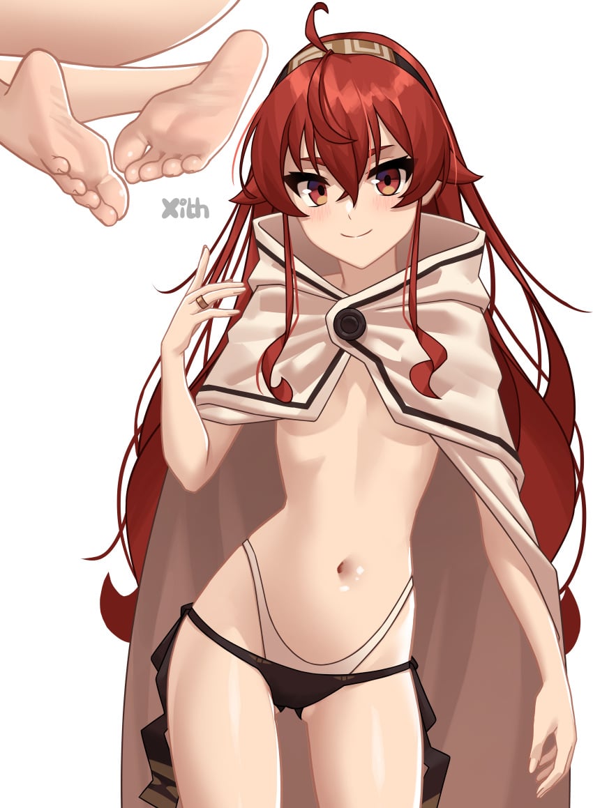 1girls belly_button cloak eris_greyrat feet female female_only headband mushoku_tensei mushoku_tensei:_isekai_ittara_honki_dasu panties red_eyes red_hair ring smile solo stomach tummy underboob x_xith_x