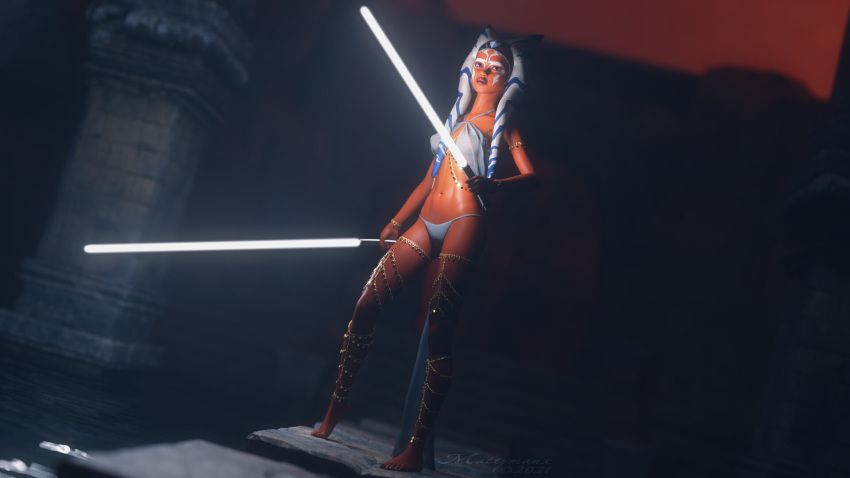 1girls 3d ahsoka_tano bocas_top dual_wielding fit_female gold_chain holding_weapon jedi large_breasts lightsaber matthew_doucette panties star_wars star_wars_rebels underwear voluptuous