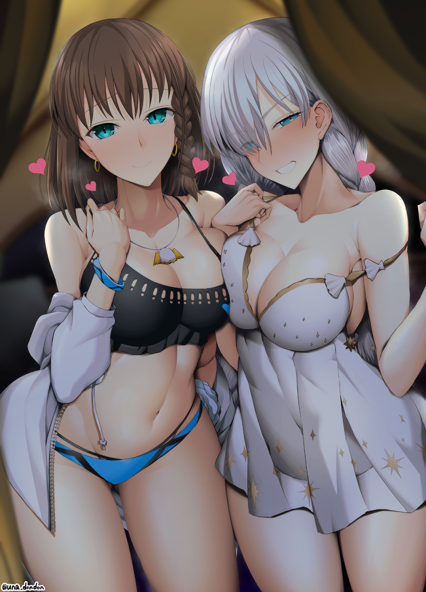 2girls anastasia_(fate) anastasia_(swimsuit_archer)_(fate) bangs bare_shoulders bikini black_bikini blue_bikini blue_eyes blush braid breasts brown_hair charlotte_corday_(fate) cleavage collarbone dress dress_swimsuit fate/grand_order fate_(series) green_eyes grin hair_over_one_eye heart highres jacket jewelry large_breasts long_hair long_sleeves looking_at_viewer mismatched_bikini multiple_girls navel necklace off_shoulder pendant short_hair side_braid silver_hair smile swimsuit thighs twin_braids unadon very_long_hair white_dress white_jacket