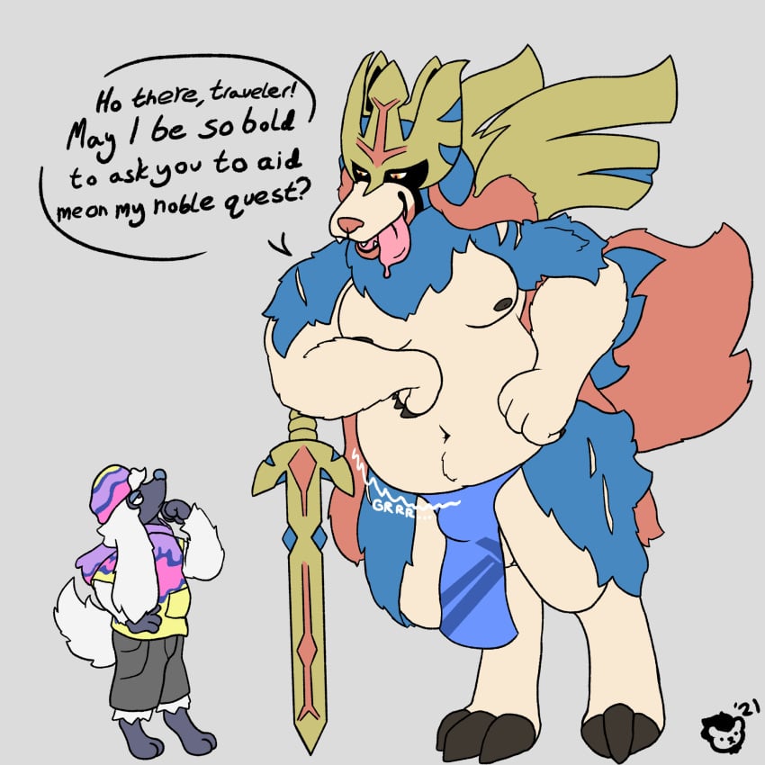 1:1 anthro arm_support armor balls baron_montesque blue_body blue_fur bodily_fluids bottomwear bulge clothing crowned_sword_zacian dialogue drooling duo english_text fur furfrou genitals headgear helmet hi_res imminent_vore leaning_on_elbow leaning_on_object legendary_pokémon loincloth male male/male male_pred melee_weapon moobs navel nintendo nipples overweight pokémon_(species) pokemon red_body red_fur rumbling_stomach saliva scar size_difference sword tan_body tan_fur text video_games vore weapon white_body white_fur zacian