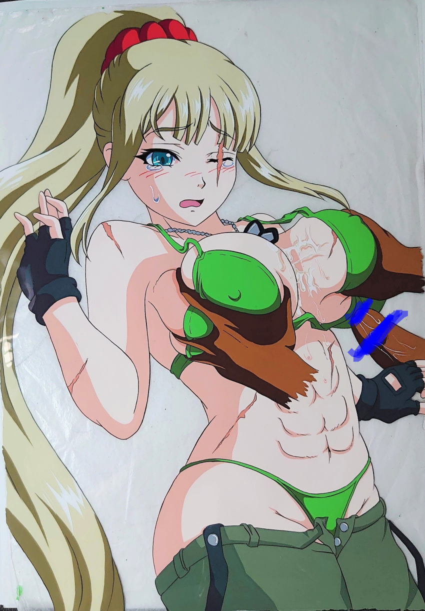 1boy 1girls 2021 aqua_eyes blonde_hair blush breast_grab breasts censored censored_penis cum cum_in_breasts dark-skinned_male dragunov_(metal_slug) faceless_male gloves green_bikini green_bra green_panties green_underwear hasamimushi large_breasts long_hair metal_slug metal_slug_attack paizuri panties pants_down ponytail scar scar_across_eye scars snk traditional_media_(artwork) underwear