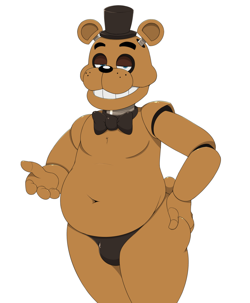 2015 acstlu animatronic anthro bear belly bow_tie brown_body brown_fur bulge clothed clothing five_nights_at_freddy's freddy_(fnaf) fur hat headgear headwear hi_res looking_at_viewer machine male male_only mammal navel overweight overweight_anthro overweight_male robot skimpy solo thong top_hat underwear ursid video_games