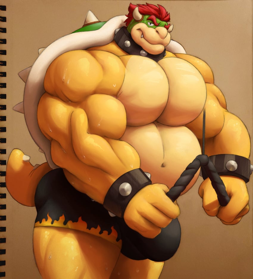 2021 absurd_res anthro ara_chibi barazoku belly biceps big_belly big_bulge big_moobs big_muscles big_pecs bodily_fluids bottomwear bowser bracelet brown_background bulge clothed clothing collaboration collar colored croconut digital_media_(artwork) exercise eyebrows hair hi_res horn hotpants huge_bulge huge_muscles jewelry koopa looking_at_viewer male male_only mario_(series) mixed_media moobs musclegut muscular muscular_anthro muscular_male navel nintendo pecs red_hair scalie shell shorts simple_background solo spiked_bracelet spiked_collar spiked_shell spiked_tail spikes spikes_(anatomy) standing sweat topless topless_male traditional_media_(artwork) video_games workout yellow_body