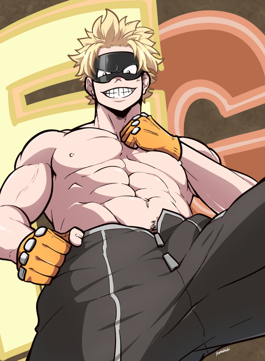 1boy abs alternate_version_available belly_button biceps black_eyes black_pubic_hair blonde_hair blush clothing fatgum fingerless_gloves gloves half-dressed hand_on_chest hand_on_hip human kuroshinki looking_at_viewer looking_down looking_down_at_viewer low-angle_view male male_focus male_only muscle muscles muscular muscular_male my_hero_academia nipples open_clothes open_pants pants pecs pectorals pubes pubic_hair pubic_hair_peek shirtless six_pack smiling smirk smirking smirking_at_viewer solo solo_focus tagme taishiro_toyomitsu teeth topless toyomitsu_taishirou unzipped unzipped_pants viewed_from_below yellow_gloves