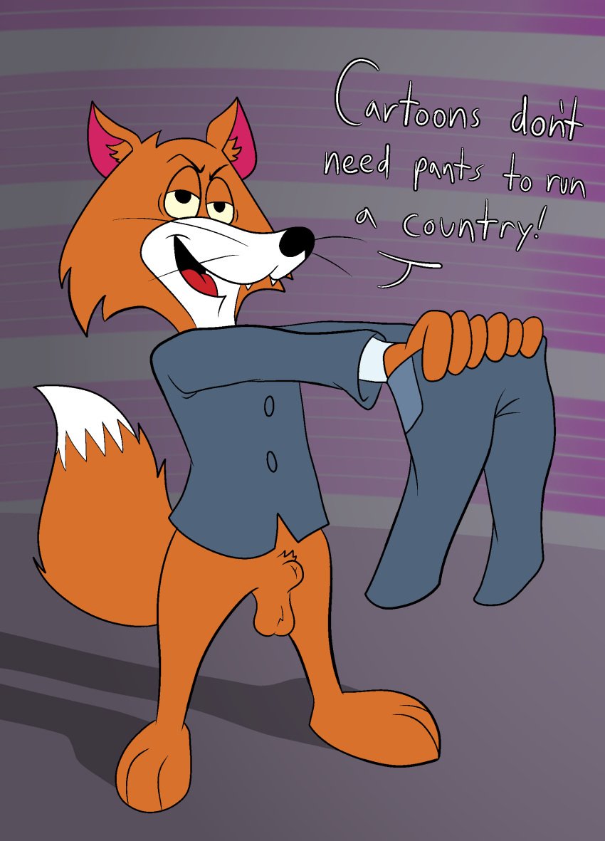 1boy absurd_res animal_genitalia anthro balls bottomless bottomwear canid canine clothed clothing darkajugin dastardly_and_muttley_(comic) dc_comics english_text fox fully_sheathed fur genitals hanna-barbera hi_res holding_bottomwear holding_clothing holding_object holding_pants male male_only mammal multicolored_body multicolored_fur orange_body orange_fur pants president_clooney_(dastardly_and_muttley) sheath solo solo_male text toony two_tone_body two_tone_fur whiskers white_body white_fur y_sheath_opening yellow_eyes