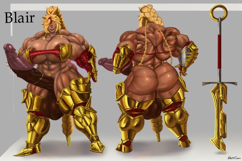 armor big_ass big_balls big_breasts big_penis braided_hair character_sheet futa_only futanari gauntlets golden_armor hairy_balls huge_muscles knight long_hair muscular muscular_female muscular_futanari pubic_hair saltychocolate3