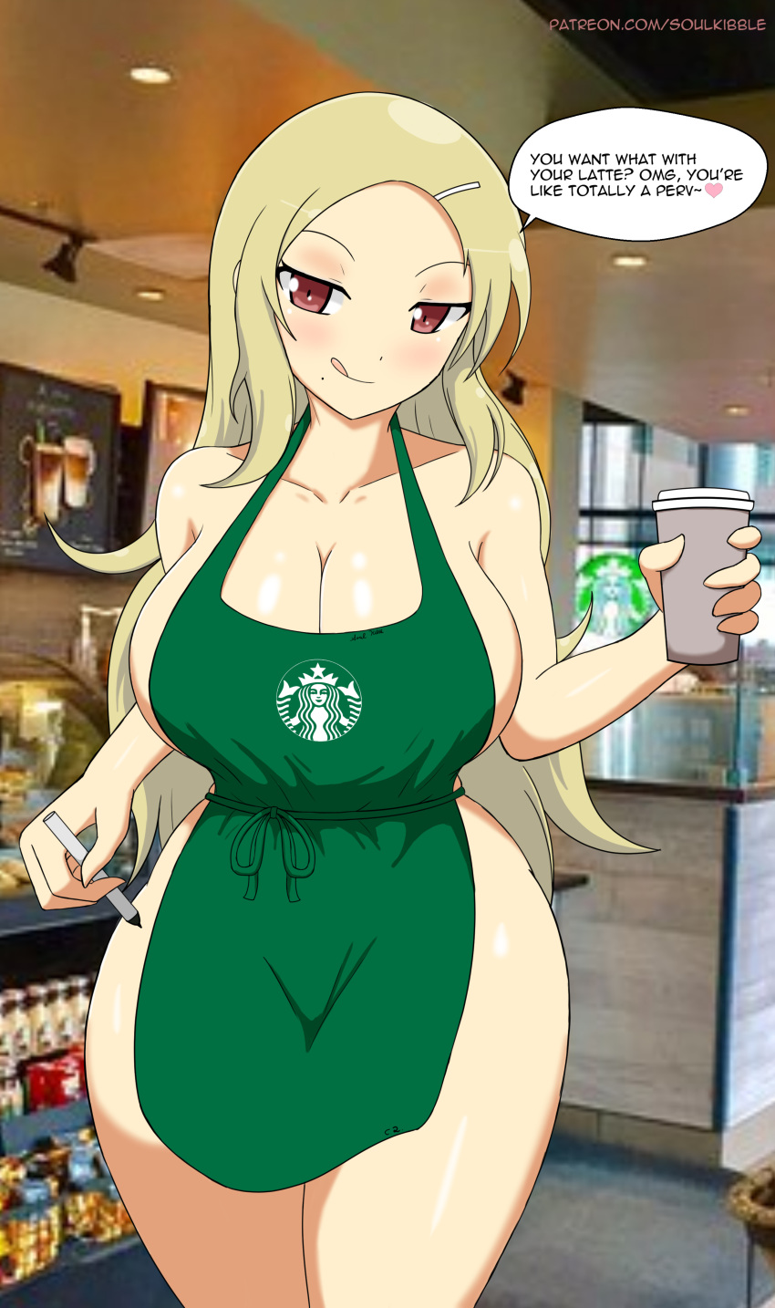 apron apron_only big_breasts blonde_hair gyaru iced_latte_with_breast_milk meme naked_apron red_eyes senran_kagura senran_kagura_(series) shiki_(senran_kagura) soulkibble starbucks thick_thighs