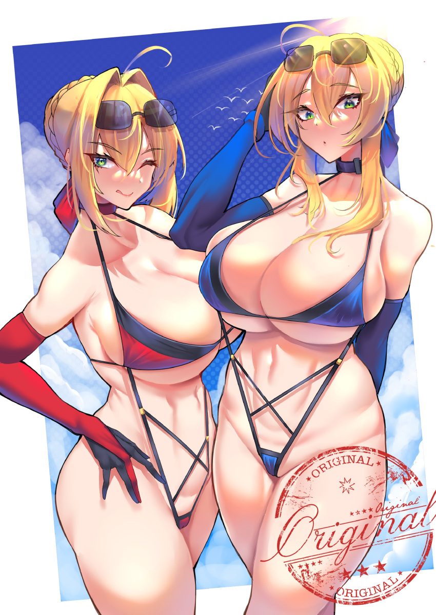 2021 2girls :o ahoge artoria_pendragon artoria_pendragon_(lancer) belly_button bikini blonde_hair blue_bikini blue_bow blue_sky bow bow_in_hair breasts choker cleavage fate/extra fate/grand_order fate_(series) female female_focus female_only funaya_(a2brasd) green_eyes hi_res hips huge_breasts long_gloves looking_at_viewer massive_breasts medium_hair naughty_face nero_claudius_(fate) outdoors red_bikini red_bow slim_waist smile stamp suggestive_look sunglasses sunglasses_on_head sunlight swimsuit thick_thighs thighs tied_hair tongue tongue_out underboob white_border wide_hips wink winking winking_at_viewer