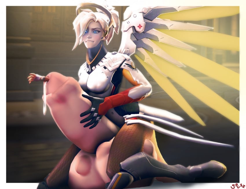 1futa 3d ball_sitting balls biting_lip blue_eyes cock_vore cum futa_focus futanari huge_penis huge_testicles large_breasts mercy overwatch penis precum sitting_on_balls solo_focus spuzzeybunnz thick_penis vore