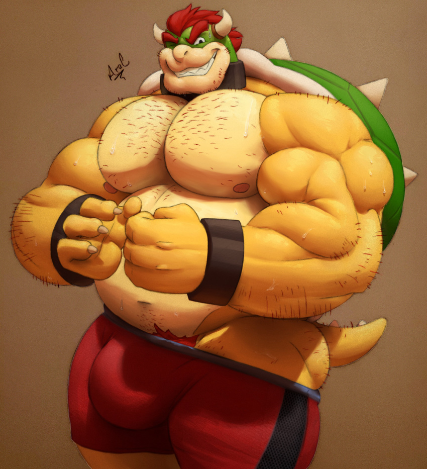 2021 absurd_res anthro ara_chibi arm_hair barazoku belly biceps big_belly big_bulge big_moobs big_muscles big_pecs bodily_fluids body_hair bottomwear bowser bracelet brown_background bulge chest_hair claws clothing collaboration collar colored croconut digital_media_(artwork) english_text eyebrows facial_hair hair hairy hi_res horn huge_bulge huge_muscles jewelry koopa looking_at_viewer male male_only mario_(series) mixed_media moobs musclegut muscular muscular_anthro muscular_male navel nintendo nipples one_eye_closed pecs pubes scalie shell shorts signature simple_background smile solo spiked_shell spiked_tail spikes spikes_(anatomy) standing sweat teeth text traditional_media_(artwork) triceps video_games wink