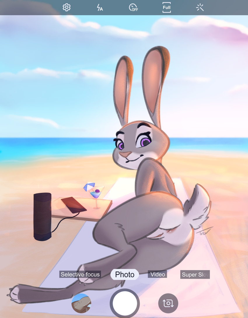 2020 absurd_res animal_genitalia anthro anus ass balls beach biped butt_focus camera camera_view casual_nudity cellphone disney english_text eyelashes female fur furry furry_only genitals grey_body grey_ears grey_fur grey_tail hi_res judy_hopps lagomorph leporid looking_at_viewer mammal naked nude nude_beach nudist outside perineum phone pink_inner_ear pink_nose purple_eyes pussy rabbit rear_view sand scut_tail seaside sheath signature smartphone solo tail text trevart water white_body white_fur white_tail zootopia