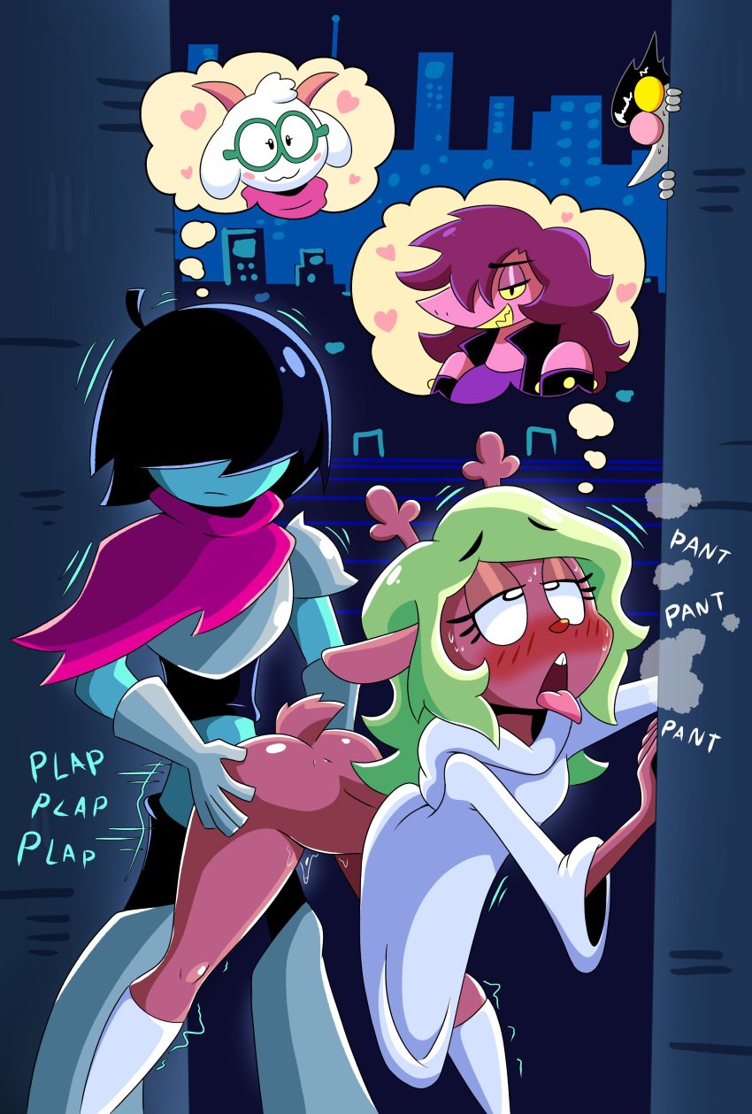 2021 2girls 3boys :3 ahe_gao anthro armor ass bedroom_eyes being_watched bent_over bisexual blonde_hair blue_skin blush blush_stickers blushing bottomless butt cute dark_world deer deer_girl deltarune deltarune_chapter_2 detailed_background drshanks24 eyelashes fantasizing fantasy female from_behind furry goat green_glasses hair_covering_eye hair_over_eyes half-closed_eyes hearts hetero high_resolution highres it's_the_big_shot_himself_spamton_g_spamton jacket kris_(deltarune) male neutral_expression night noelle_(deltarune) noelle_holiday orientation_play outdoors outside panting pussy_juice ralsei ralsei_with_white_fur red_scarf robe round_glasses sex shivering smile sound_effects spamton_g_spamton straight straight_sex susie_(deltarune) thinking_of_someone_else thought_bubble white_boots