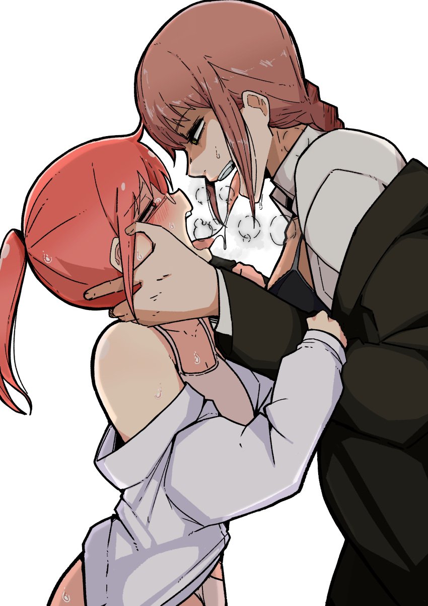 2girls after_kiss braided_hair brown_hair chainsaw_man crossover female female_only glasses kobayashi long_hair makima_(chainsaw_man) mark_gavatino miss_kobayashi's_dragon_maid panties panting red_eyes saliva saliva_string saliva_swap saliva_trail tongue_out white_background yuri