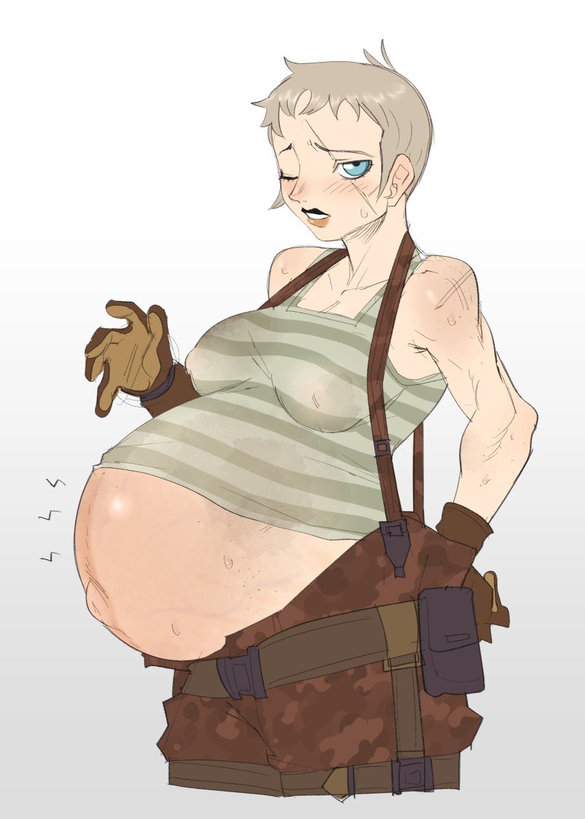 1girls areolae big_breasts blue_eyes breasts clothed clothing female female_only gloves hellbrain huge_belly large_breasts linea_nigra metal_gear_solid metal_gear_solid_2 military_uniform muscular muscular_female navel nipples olga_gurlukovich pregnant ready_to_pop scar short_hair solo standing sweat tomboy veiny_belly very_short_hair