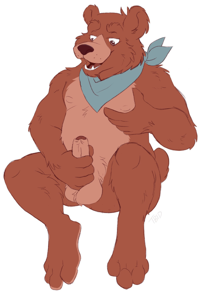 anthro balls bandana bandanna_on_neck bandanna_only chest_grab erection foreskin fur genitals hand_on_chest hand_on_penis hi_res humanoid_genitalia kerchief kerchief_only little_bear male mammal masturbation mostly_nude mostly_nude_anthro mostly_nude_male multicolored_body multicolored_fur open_mouth overweight overweight_male penis solo tbid teeth two_tone_body two_tone_fur uncle_rusty_(little_bear) uncut ursid