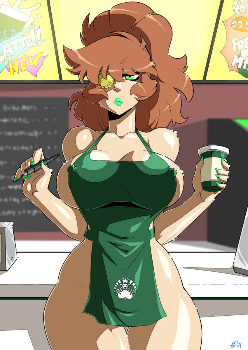 1girls apron apron_only breasts cleavage erect_nipples female female_focus female_only huge_breasts iced_latte_with_breast_milk leona_rexess mad-project meme nipples solo starbucks starlust thick_thighs wide_hips