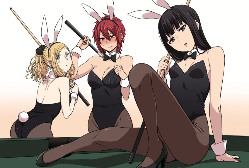 3girls aizawa_tomo animal_ears billiards black_hair blonde_hair blush bow bowtie breasts carol_olston cue_stick fake_animal_ears fang_out fumitan_(humitan) gundou_misuzu highres large_breasts leotard light-skinned_female light_skin long_hair misuzu_gundou multiple_girls oerba_yun_fang official_art pantyhose playboy_bunny ponytail pool_table rabbit_ears rabbit_tail red_hair short_hair small_breasts table tail tomo-chan_wa_onna_no_ko