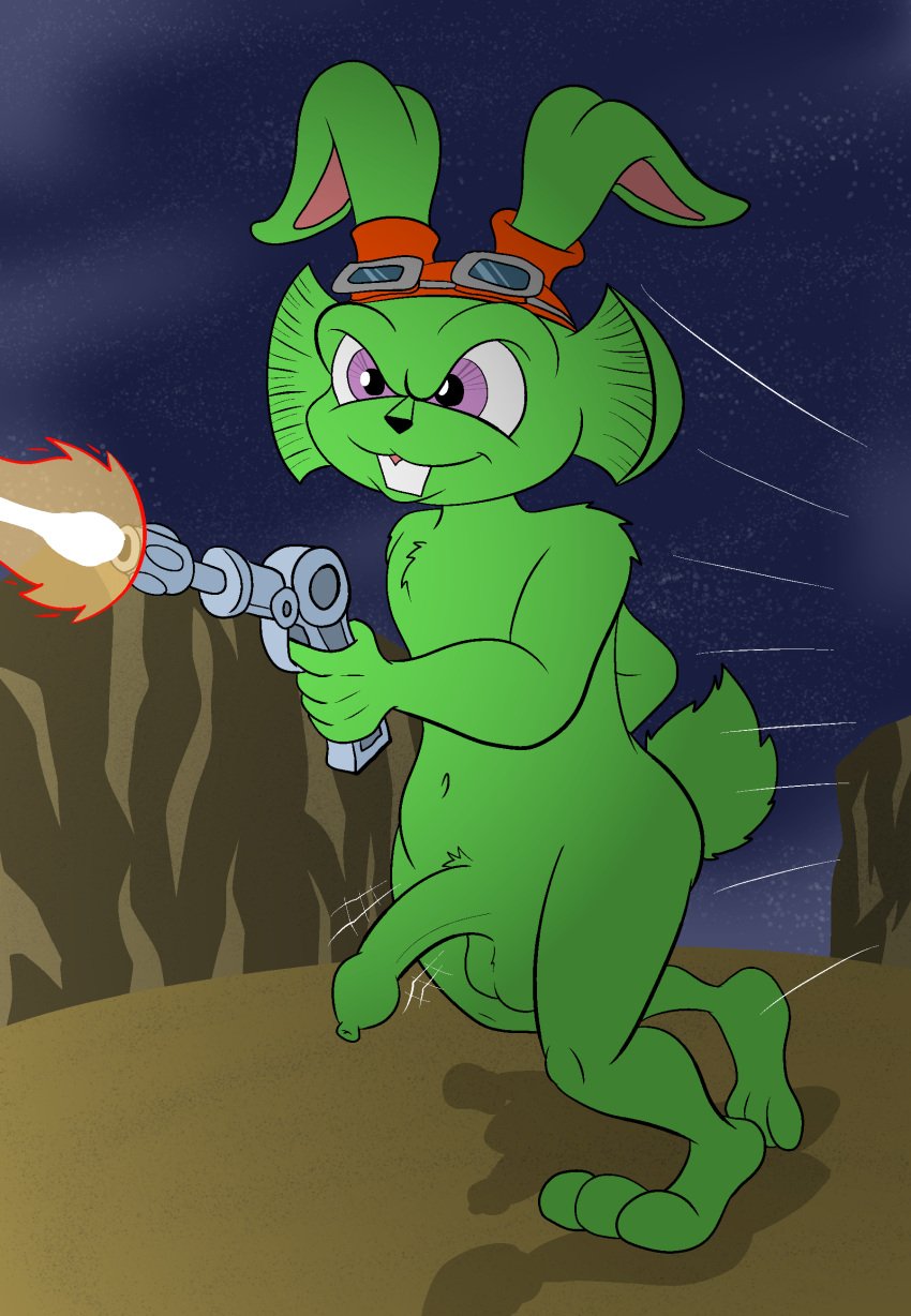 absurd_res anthro balls bouncing_penis bucky_o'hare bucky_o'hare_(series) darkajugin erection eyewear eyewear_only foreskin fur genitals goggles goggles_only green_body green_fur hare hi_res lagomorph laser_gun leporid male mammal nude penis purple_eyes ranged_weapon running solo tight_foreskin weapon