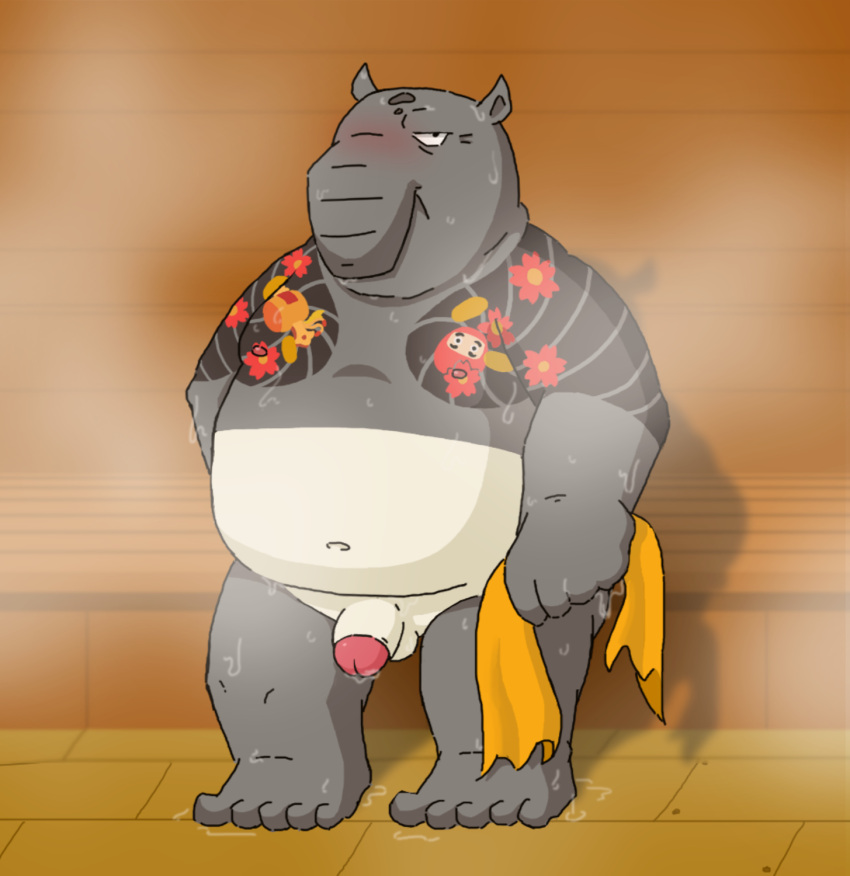 2023 anthro blush bodily_fluids genitals grey_body hi_res humanoid_genitalia humanoid_penis huydacanid kuroda_(odd_taxi) male mammal odd_taxi overweight overweight_male penis sauna simple_background solo steam sweat tapir tattoo towel