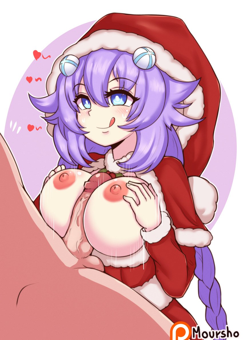 1girls :d areolae artist_name blue_eyes blush breasts christmas color cpu_(neptunia) d-pad d-pad_hair_ornament dick female goddess hair_ornament hat heart hearts long_hair long_purple_hair medium_breasts moursho neptune_(neptunia) neptunia_(series) nipples penis power_symbol-shaped_pupils purple_hair purple_heart_(neptunia) santa_costume santa_hat simple_background smile tongue_out twin_braids video_games