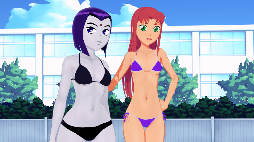 2girls 3d 3d_(artwork) bikini black_bikini black_swimsuit butts69420 dc dc_comics female female_only hi_res illusion_soft koikatsu pool poolside purple_bikini purple_swimsuit raven_(dc) starfire swimsuit teen_titans