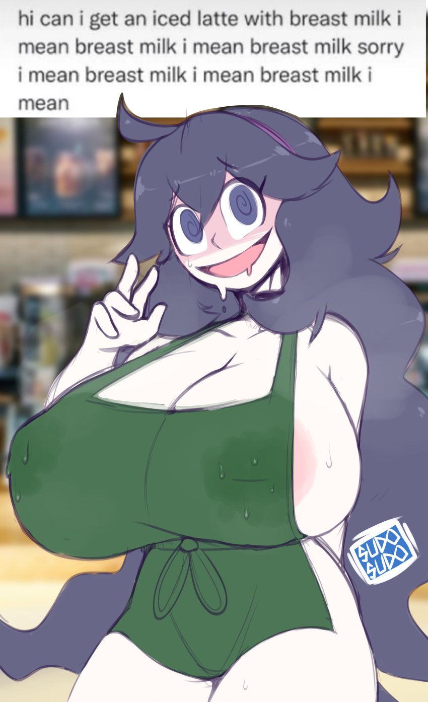 apron apron_only areolae big_breasts breasts cleavage drooling female female_only hex_maniac iced_latte_with_breast_milk lactation lactation_through_clothes looking_at_viewer meme milk_stain peace_sign pokemon smiling smiling_at_viewer starbucks steam steaming_body sudosudo sweat white_skin working