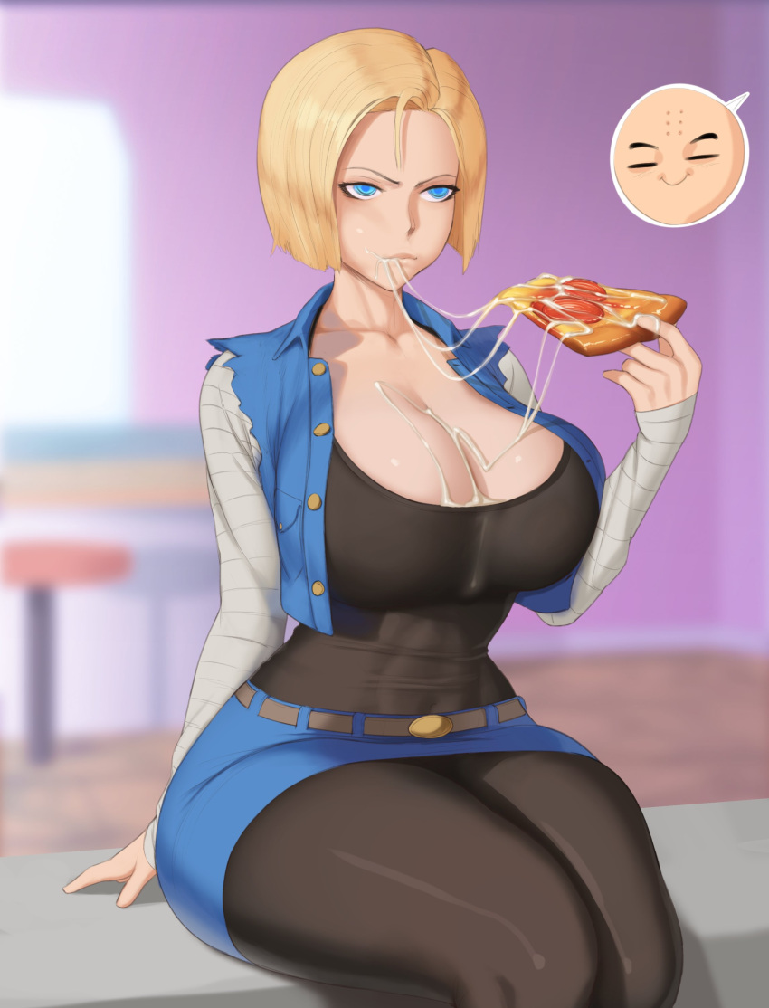 1girls android_18 big_breasts blonde_hair breasts cleavage cum cum_in_mouth cum_on_body cum_on_breasts cum_on_face cum_on_food cum_on_upper_body dragon_ball dragon_ball_super dragon_ball_z eating female food huge_breasts krillin kuririn large_breasts milf pizza popogori thick_thighs wide_hips