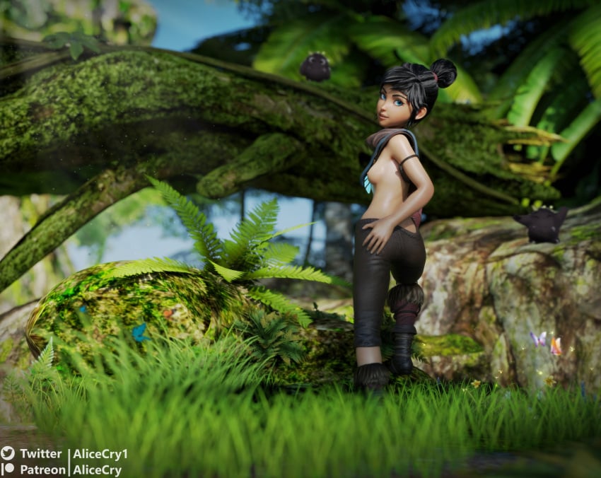 1girls alicecry black_hair blue_eyes breasts casual clothed dark_skin female footwear human kena:_bridge_of_spirits kena_(character) looking_at_viewer looking_back nature neckwear partially_clothed rot_(kena)