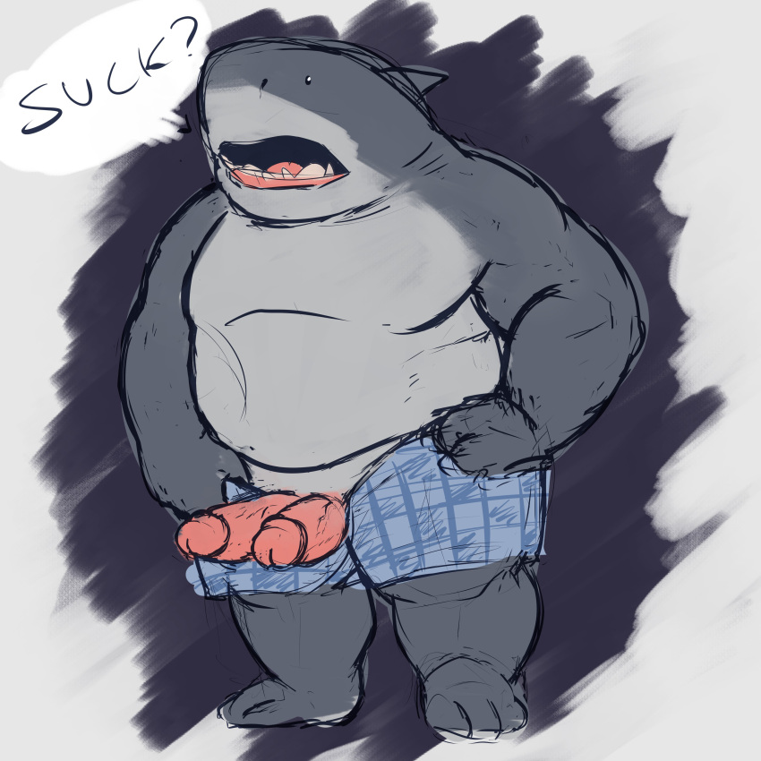 1:1 absurd_res animal_genitalia animal_penis anthro boxers_(clothing) clothing cocoronut colored dc_comics dialogue diphallia diphallism fish gay genitals hemipenes hi_res king_shark male male_focus male_only marine multi_genitalia multi_penis obese open_mouth overweight overweight_male penis shark shark_humanoid slightly_chubby solo solo_male tagme underwear