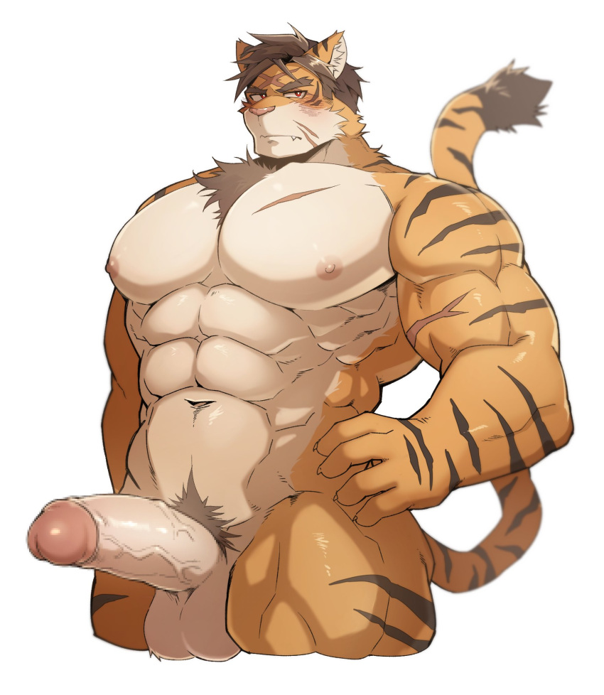 abs anthro balls barazoku biceps big_balls big_muscles big_penis brown_body brown_fur brown_hair censored chest_tuft felid fur genitals hair hand_on_hip hi_res m_ikky male mammal mosaic_censorship muscular muscular_anthro muscular_male muscular_thighs navel nipples orange_body orange_fur pantherine pecs penis portrait pubes red_eyes scar simple_background snaggle_tooth solo striped_body striped_fur stripes tan_body tan_fur thick_penis thick_thighs three-quarter_portrait tiger tuft vein veiny_penis